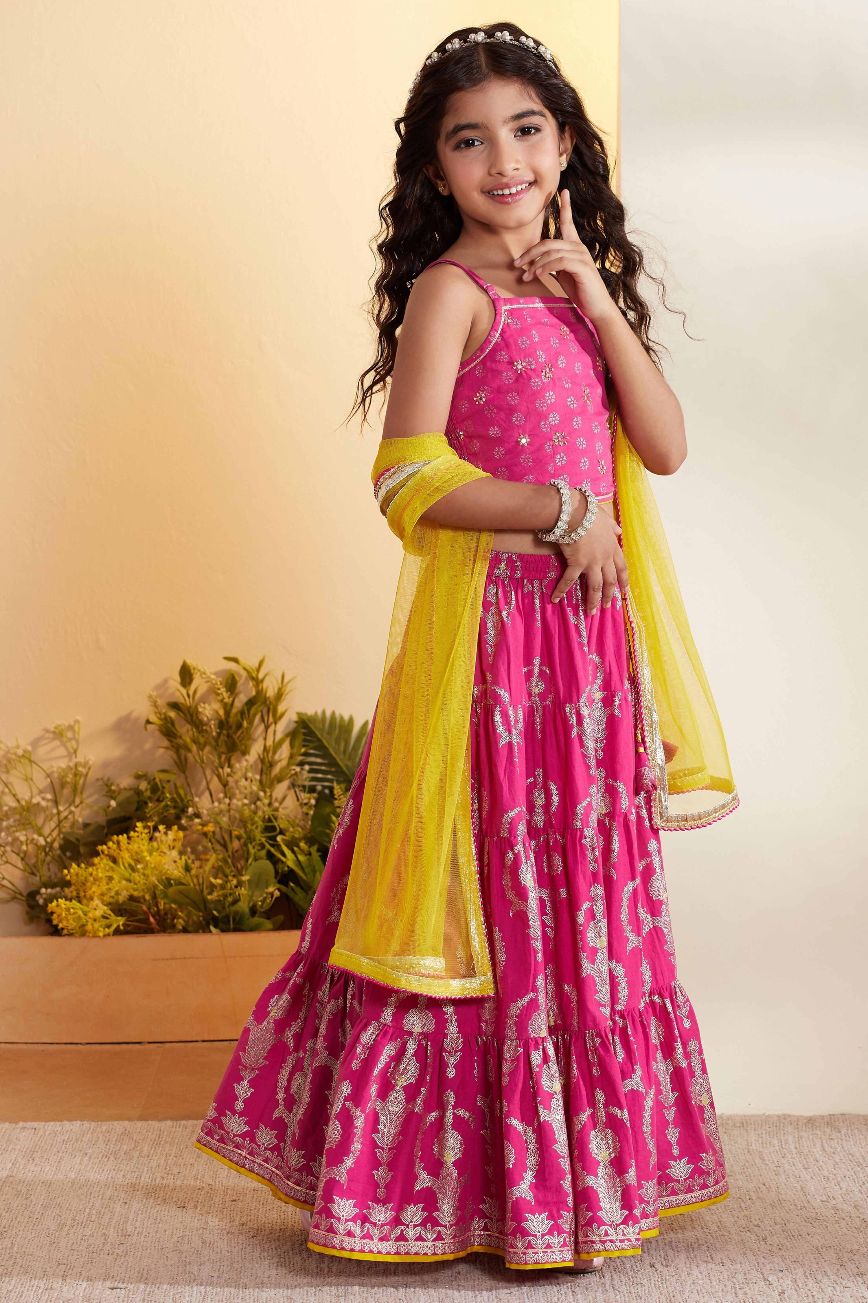 Pink Cotton Printed Tiered Lehenga Set image number 4