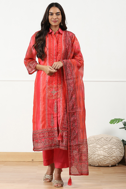 Mustard Yellow Chanderi Printed Unstitched Suit Set image number 1