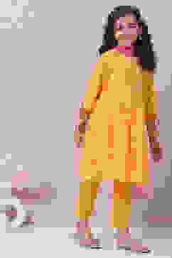 Yellow Cotton Flared Kurta Pant Suit Set image number 2