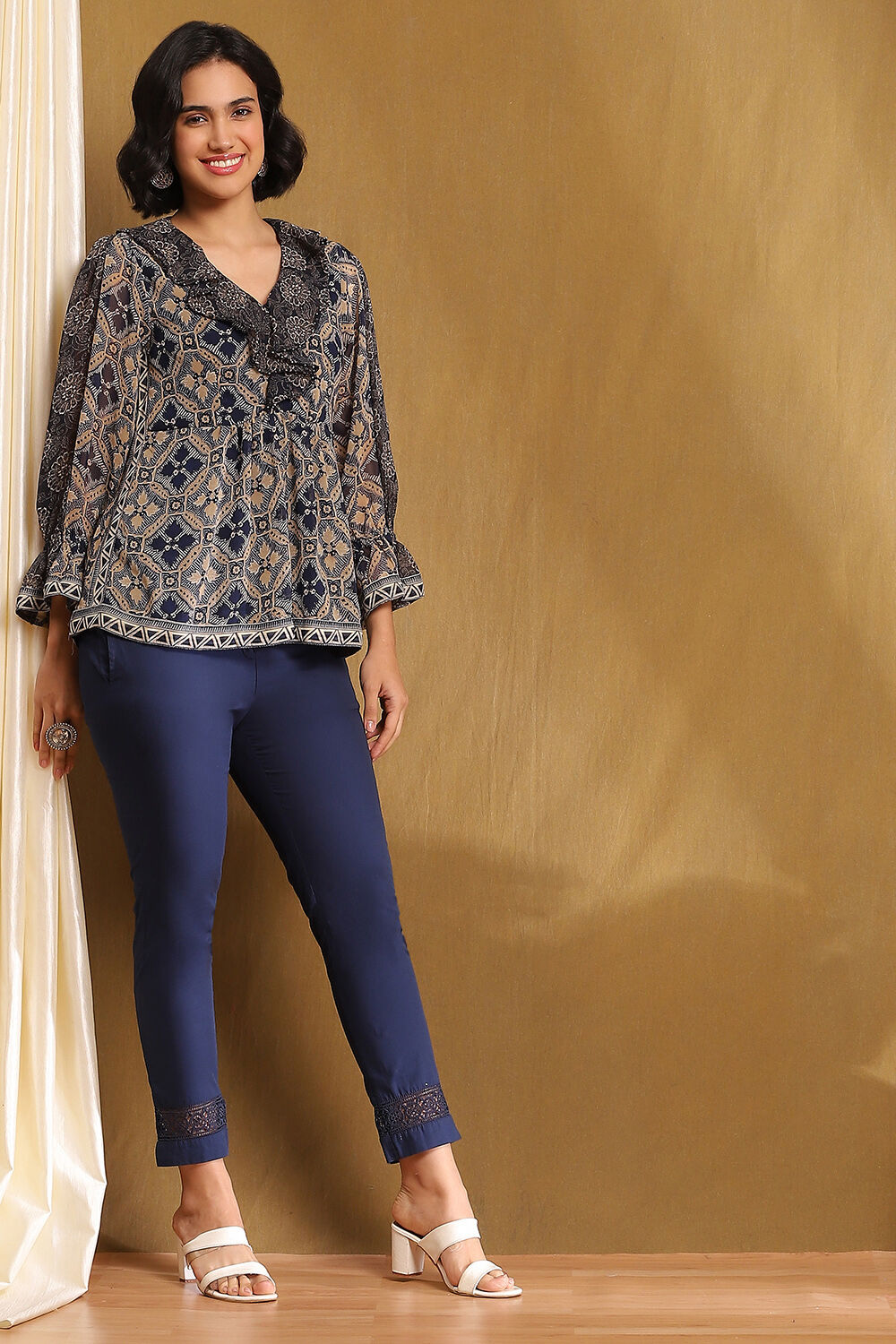 Blue Georgette Printed Gathered Indie Top image number 0