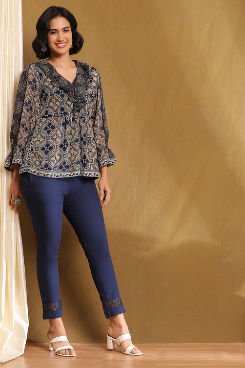 Blue Georgette Printed Gathered Indie Top image number 0