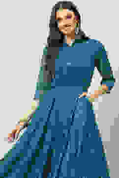 Teal Art Silk Flared Printed Dress image number 2