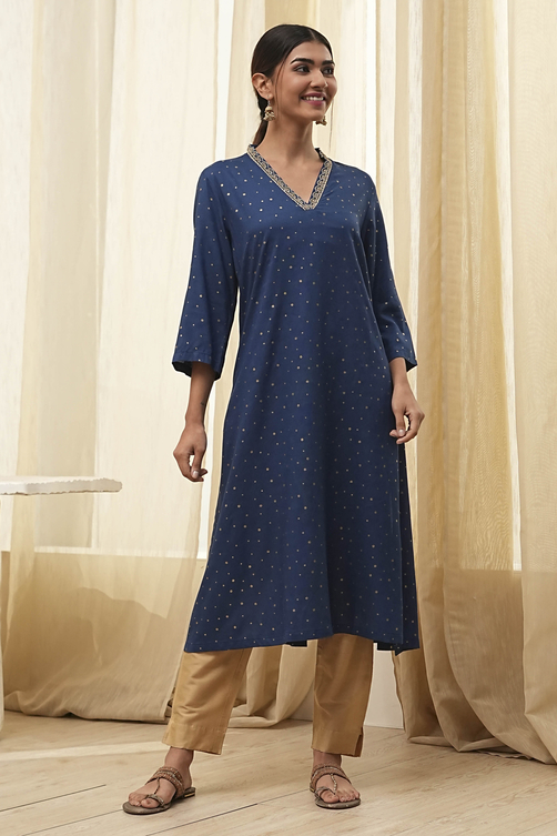 Blue Foil Printed Straight Kurta image number 5