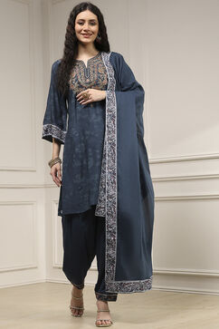 Teal Blue Blended Straight Printed Suit Set image number 6
