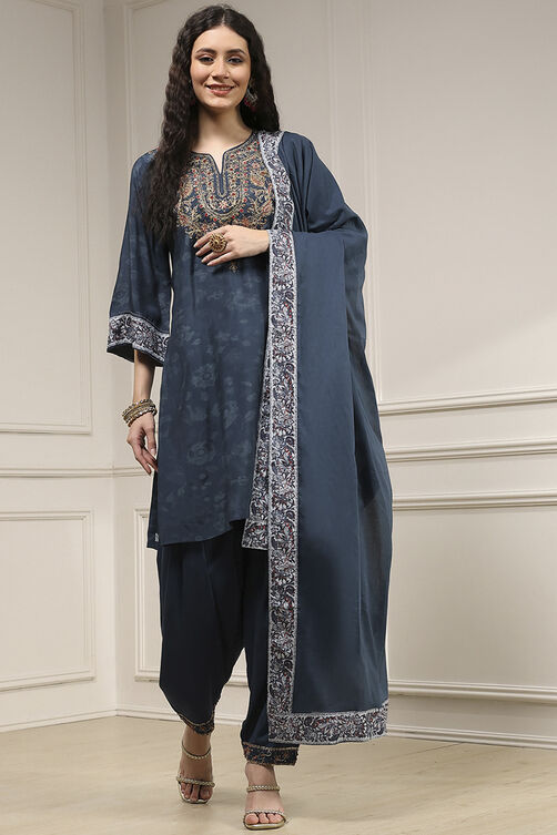 Teal Blue Blended Straight Printed Suit Set image number 6