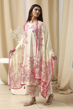 Off-White and Pink Cotton Straight Suit Set image number 3