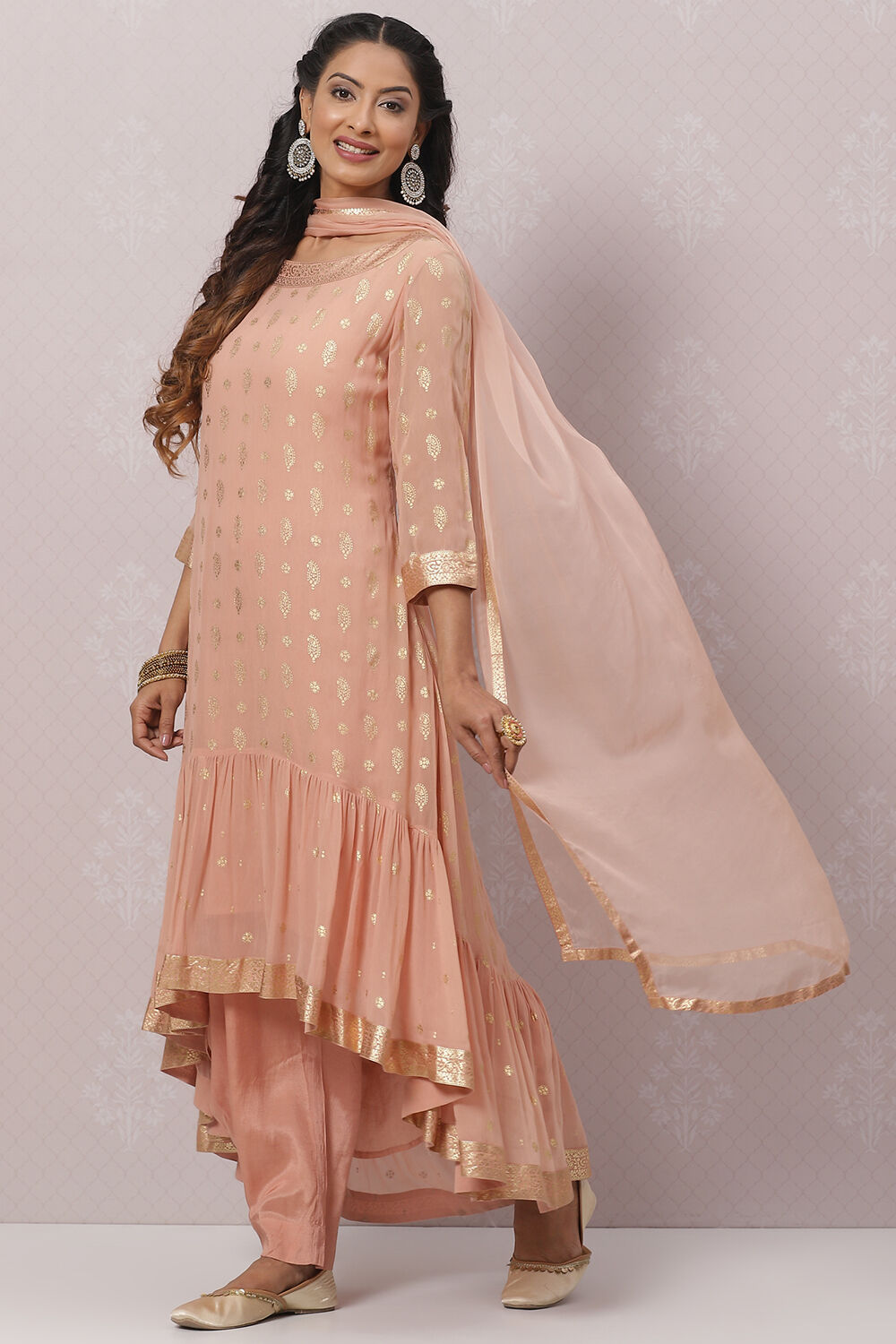 Dull Pink Art Silk Asymmetric Kurta Salwar Suit Set image number 5
