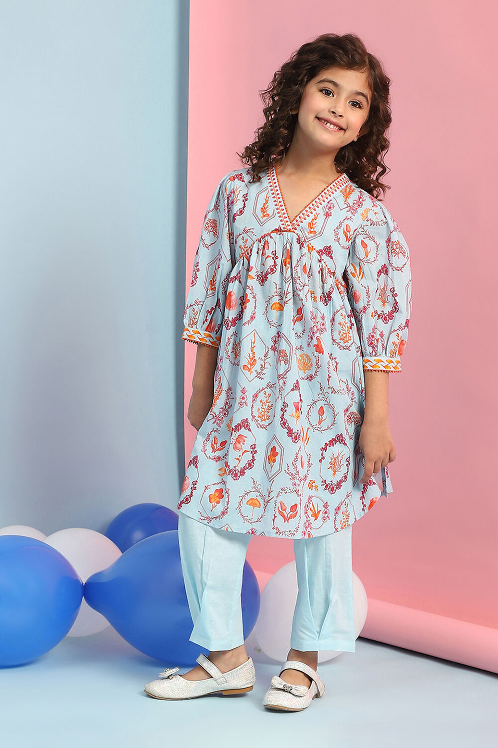Sky Blue Cotton Floral Gathered Kurta Set image number 3