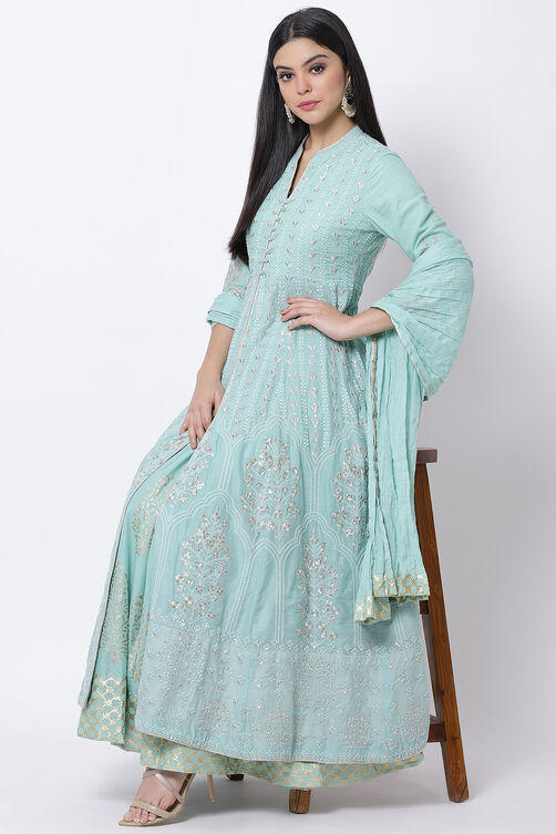 Mint Green Cotton Anarkali Kurta Lehenga Suit Set image number 0