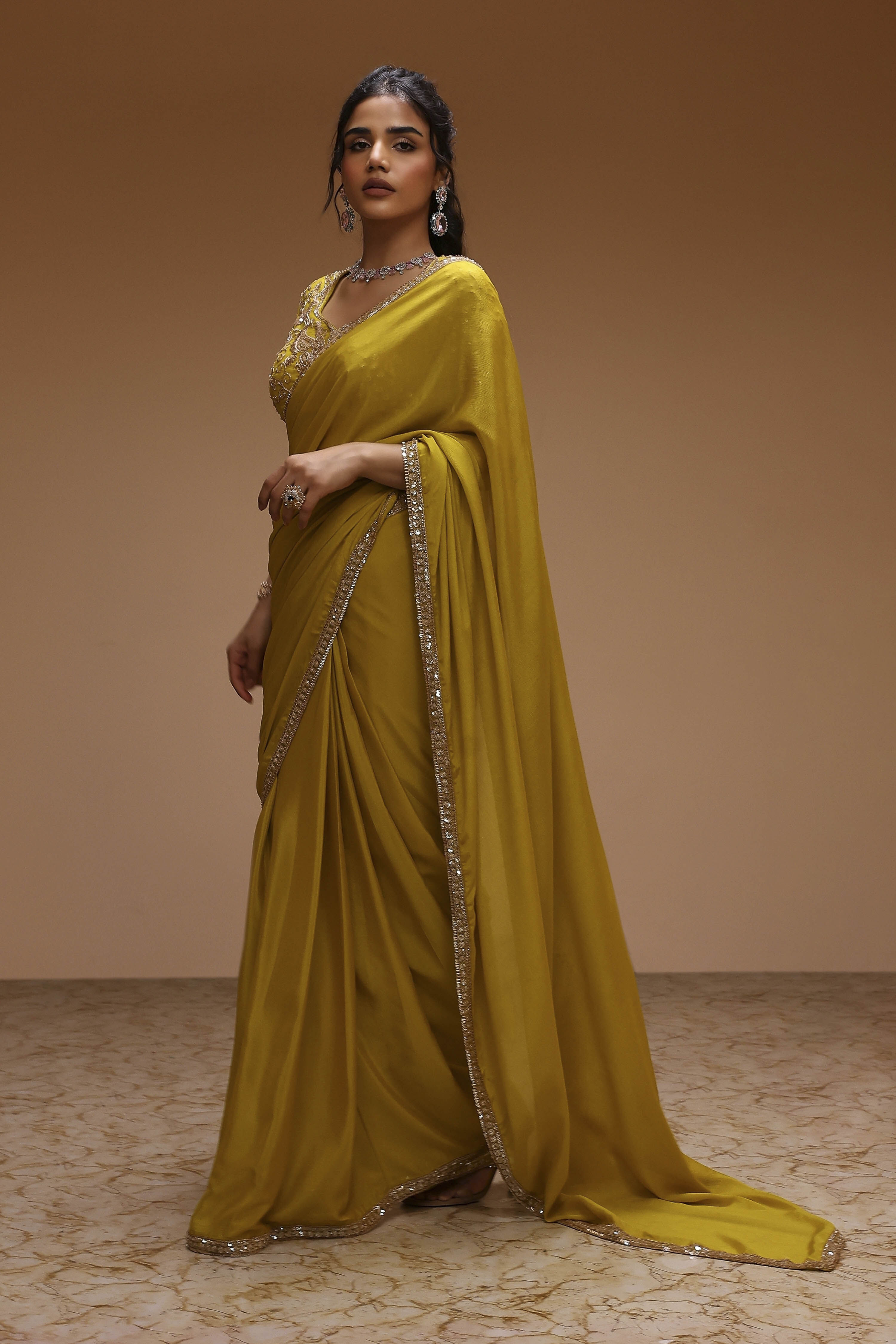 Lime Yellow Poly Chinnon Embroidered Pre-Draped Saree image number 2