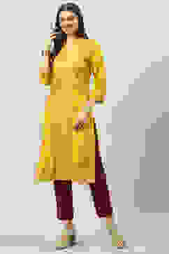 Yellow LIVA Straight Printed Kurta image number 2