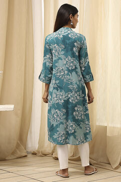 Teal LIVA Straight Printed Kurta image number 4