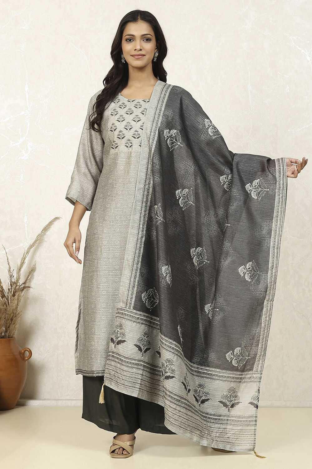 Grey Silk Blend Digital Print Unstitched Suit Set image number 1