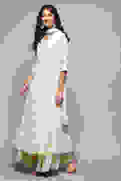 Off White Cotton Anarkali Lehenga Set image number 4