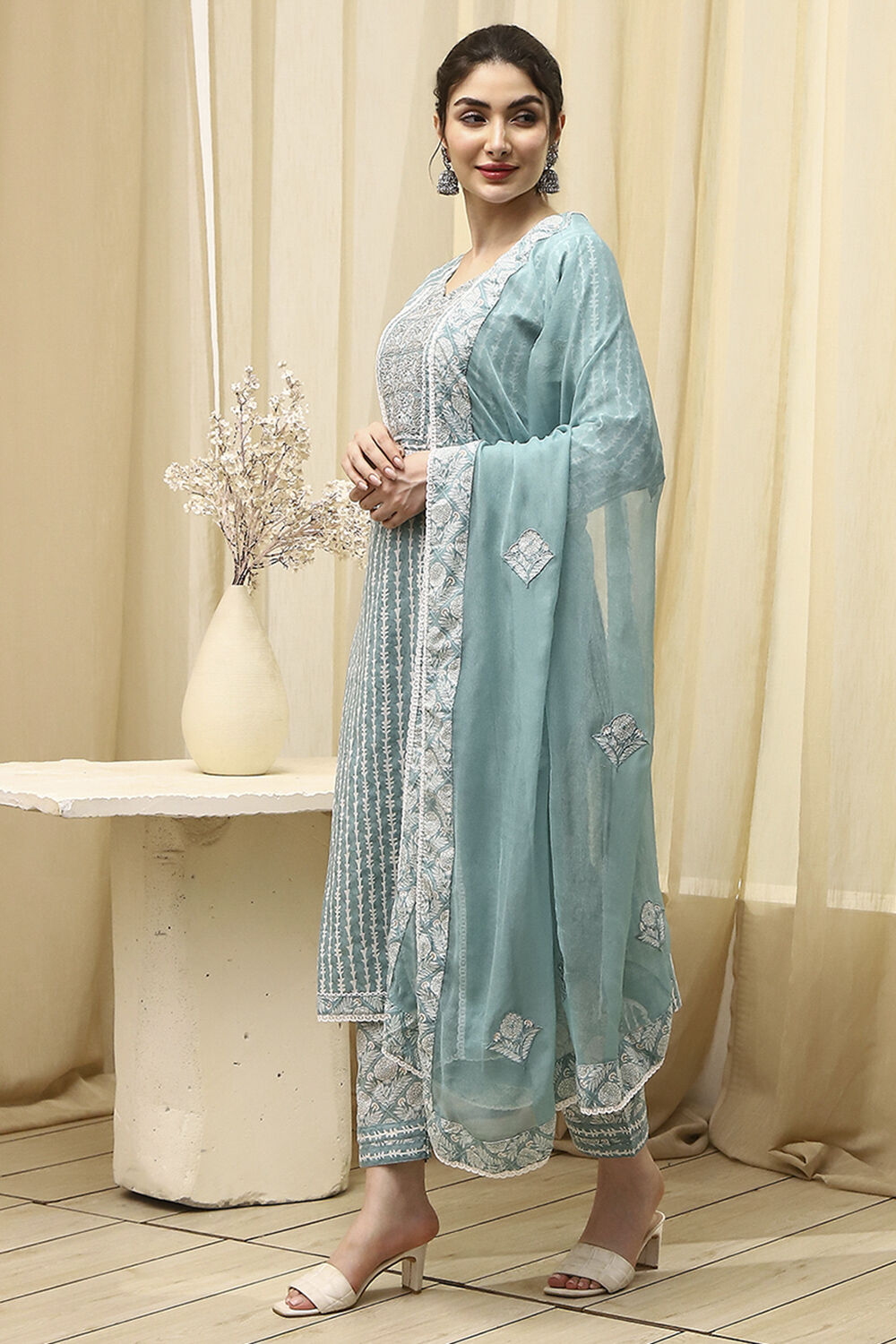 Teal Cotton Printed Unstitched Suit Set image number 4