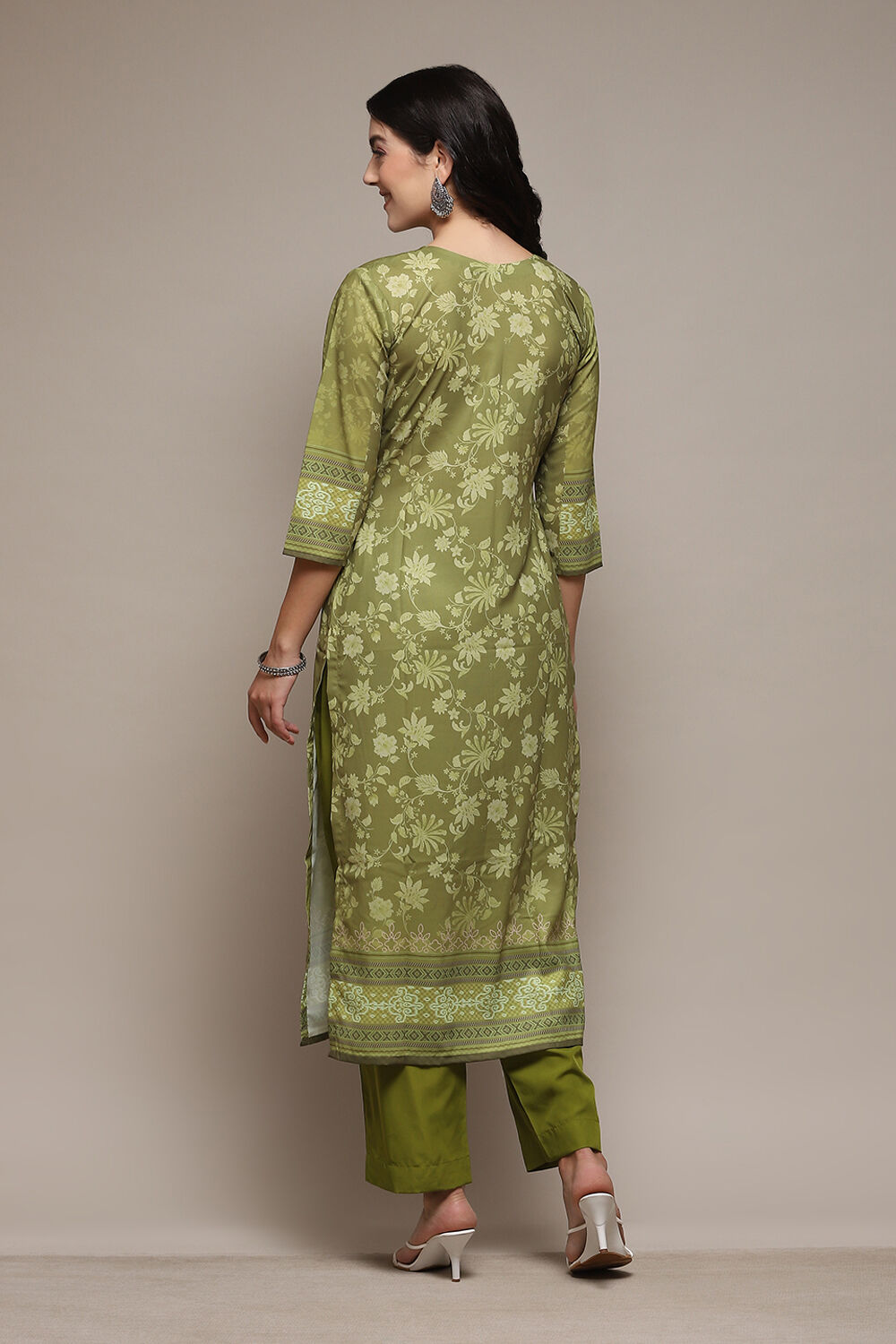 Olive Green Silk Blend Digital Print Unstitched Suit Set image number 6