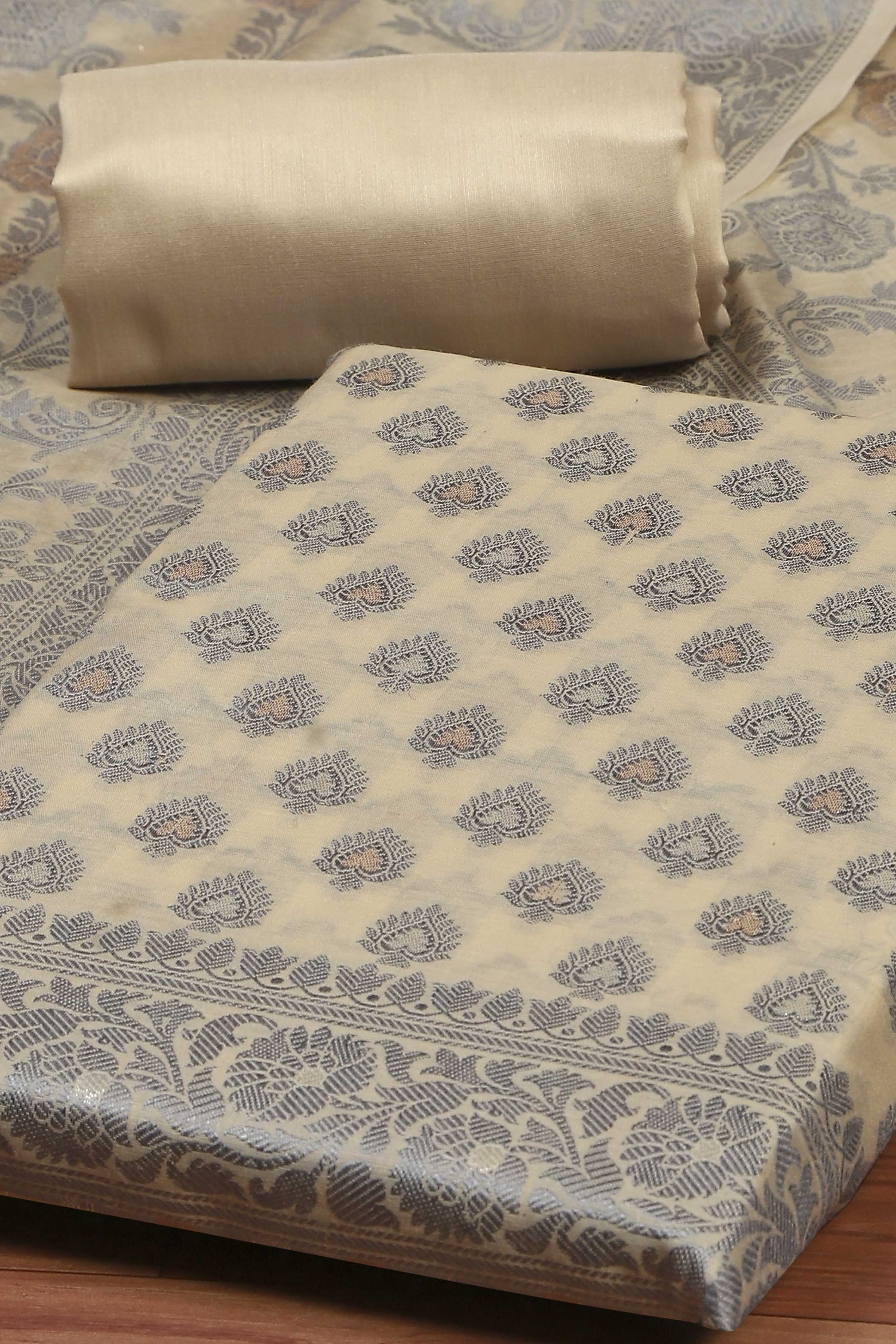 Beige Cotton Printed Embroidered Unstitched Suit Set image number 1