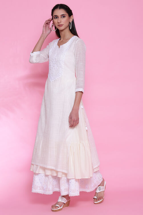Off White Art Silk Cotton Chikankari Embroidered Kurta image number 3