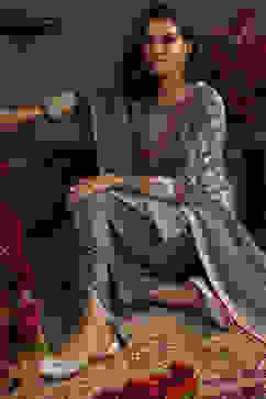 Earthy Blue Chanderi Jacquard Dori Embroidery Straight Suit Set image number 0