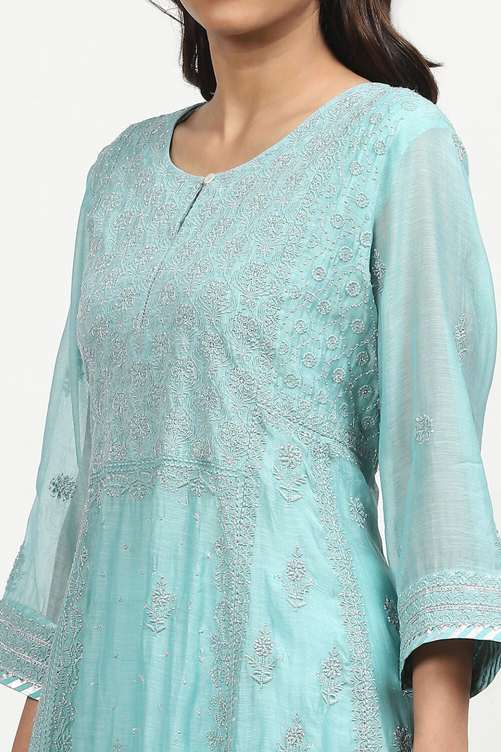 Powder Blue Silk Chanderi Embroidered Kalidar Suit Set image number 1