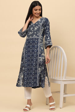 Navy LIVA A-Line Printed Kurta image number 5
