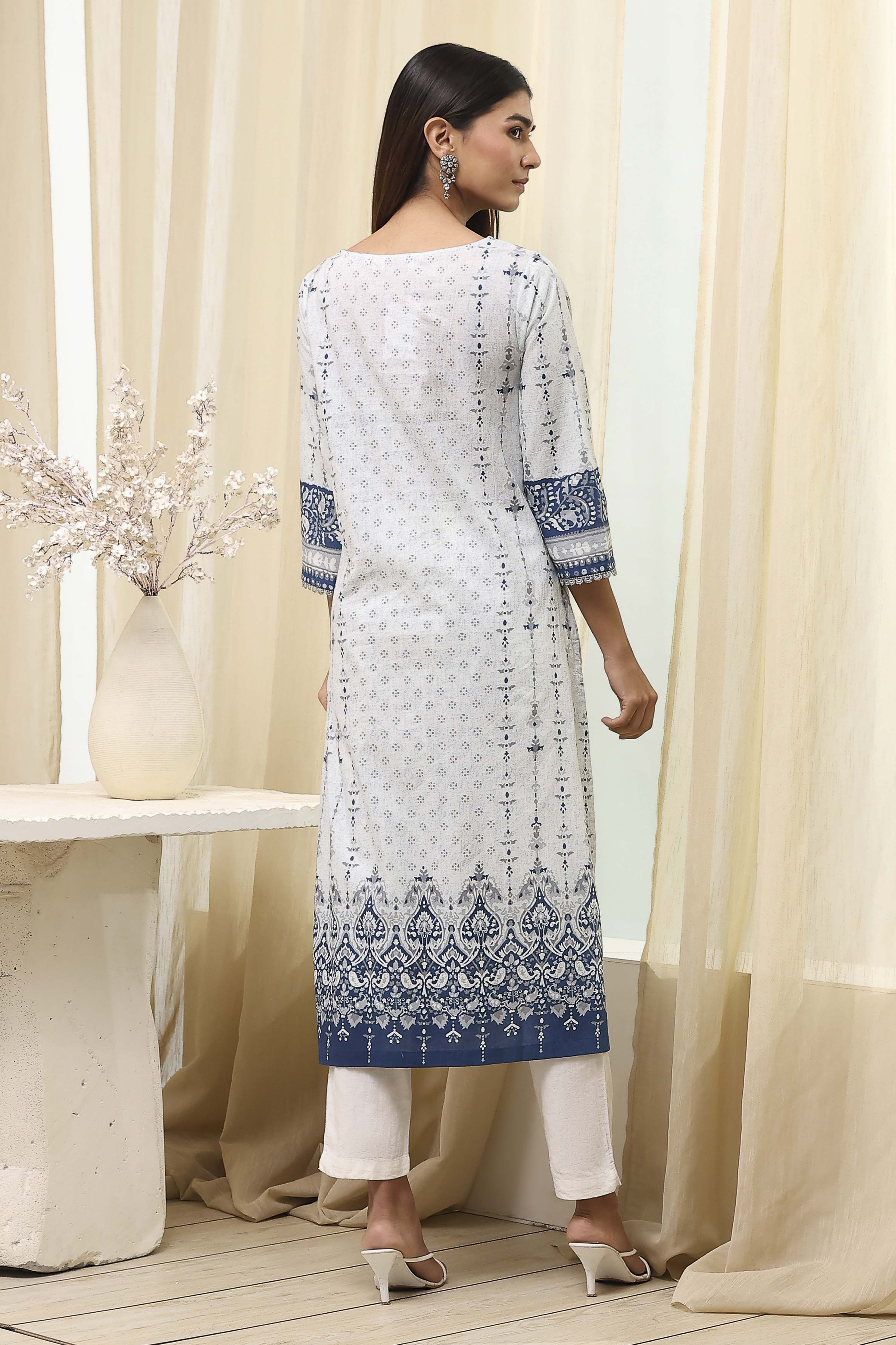 Blue Cotton Printed Straight Kurta image number 3