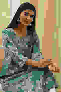 Teal Floral Printed Asymmetric Kurta image number 1