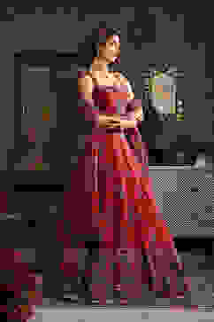 Red Chanderi Printed Fitted Lehenga Set image number 5