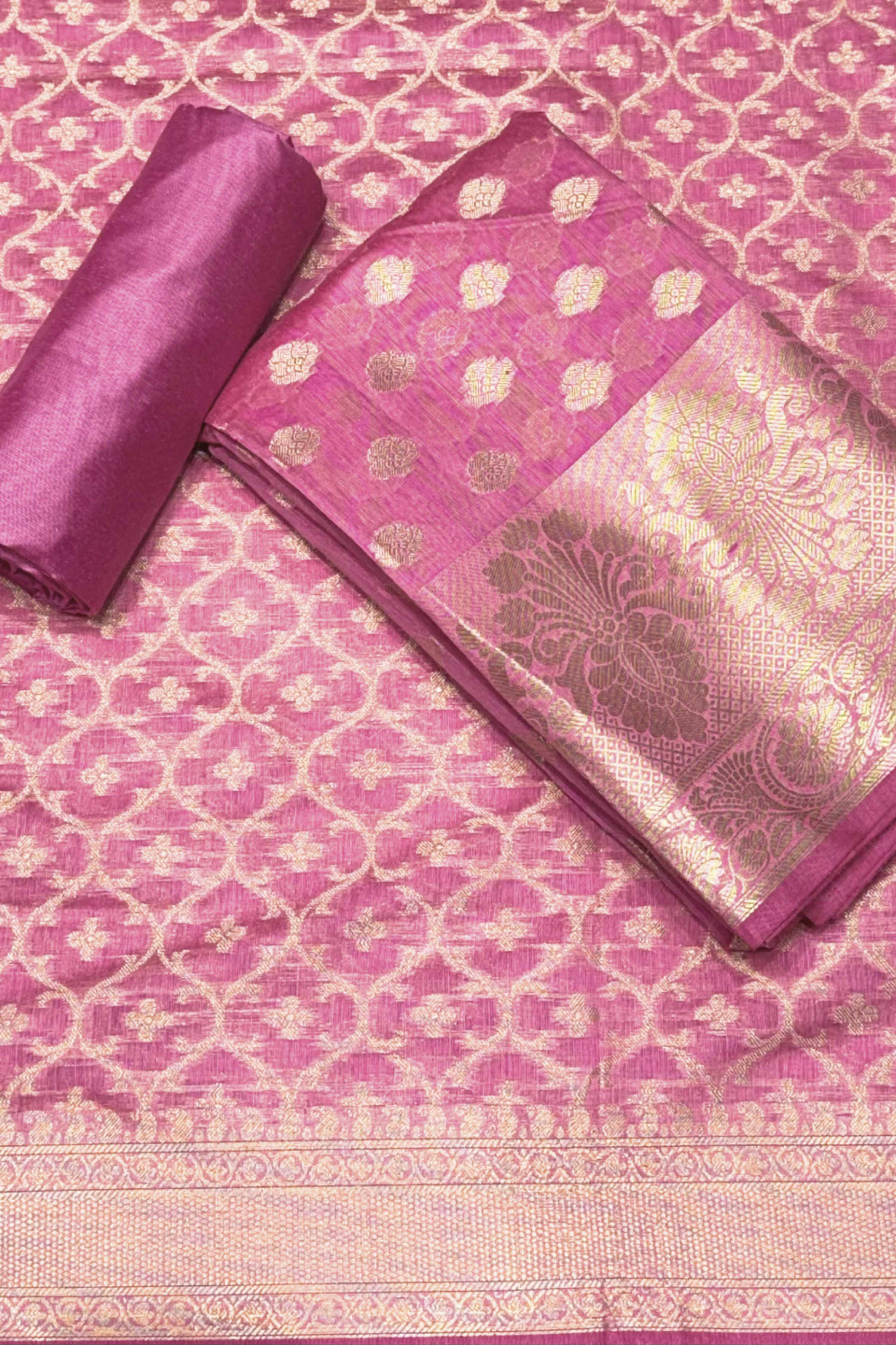 Pink Chanderi Printed Unstitched Suit Set image number 0