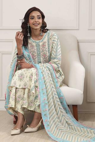 BIBA Neutral Cotton Straight Suit Set in Cream