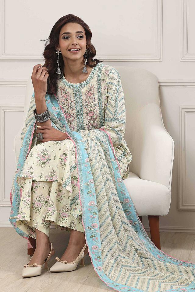 BIBA Neutral Cotton Straight Suit Set in Cream