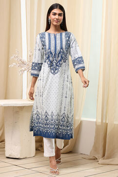 Blue Cotton Straight Printed Kurta image number 5