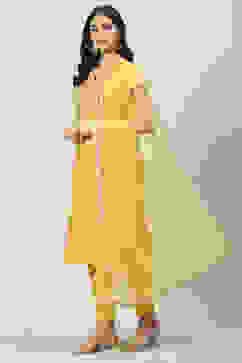 Mustard Art Silk Straight Kurta Slim Pants Suit Set image number 5