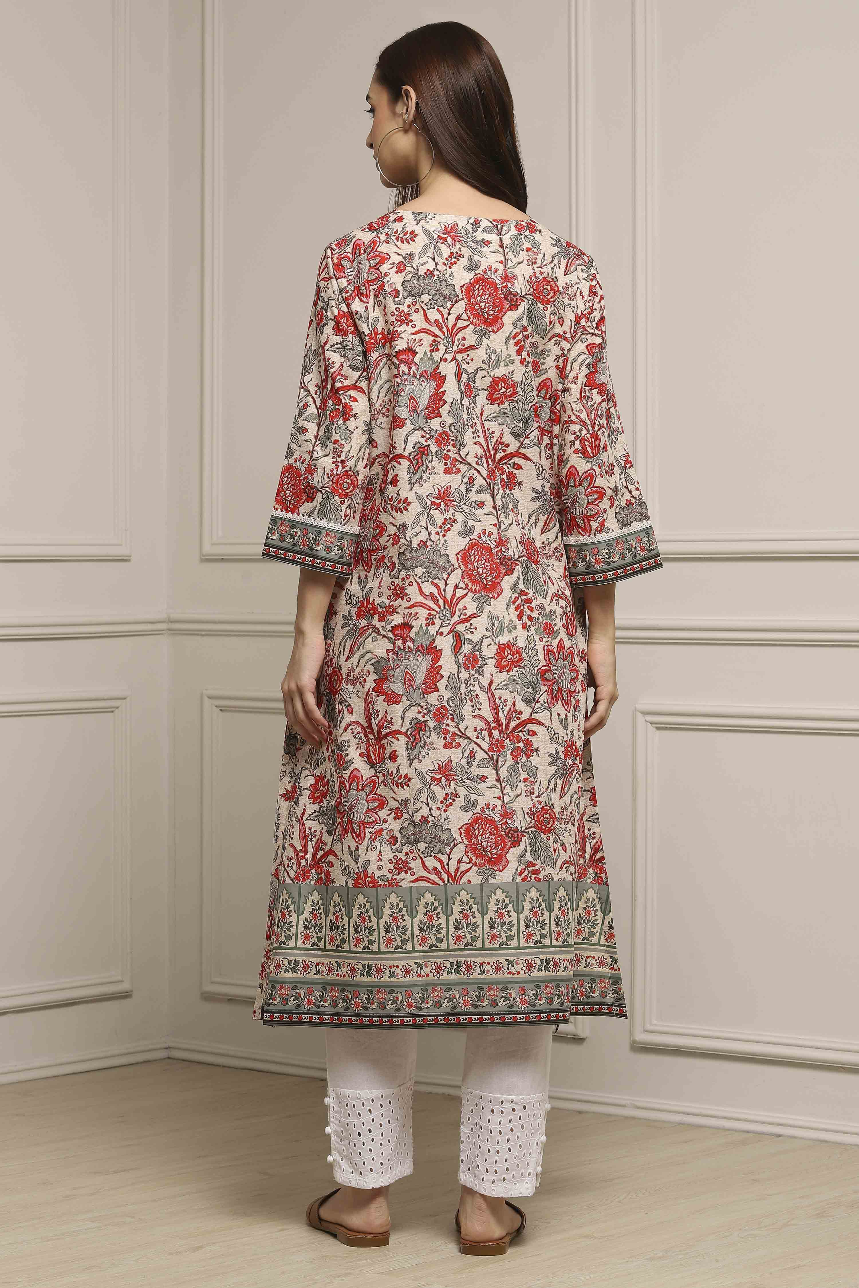 Off White Cotton Straight Printed Kurta image number 3