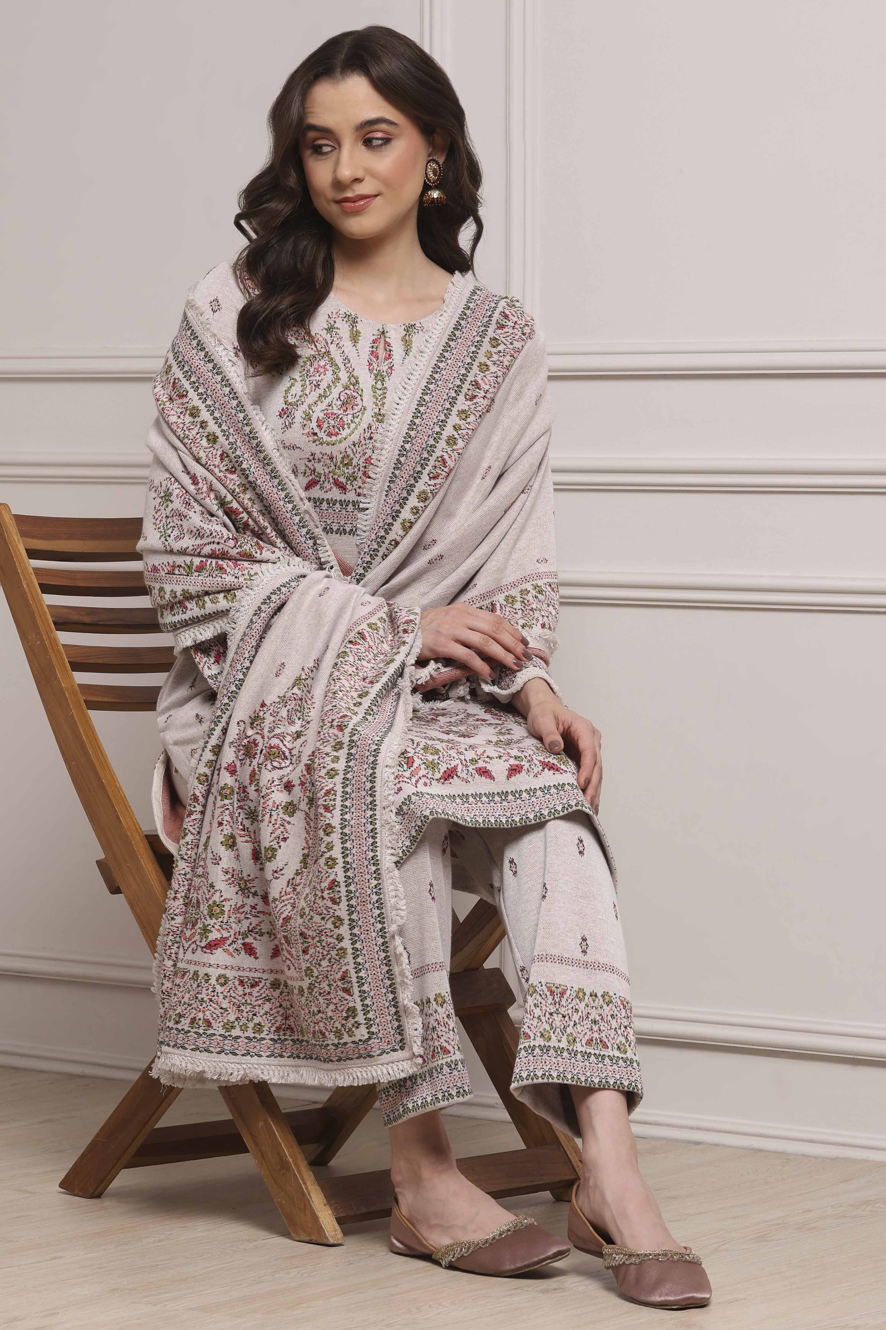Ivory Printed Straight Winter Suit Set image number 0