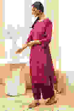 Burgundy Crepe Printed Straight Kurta Set image number 3