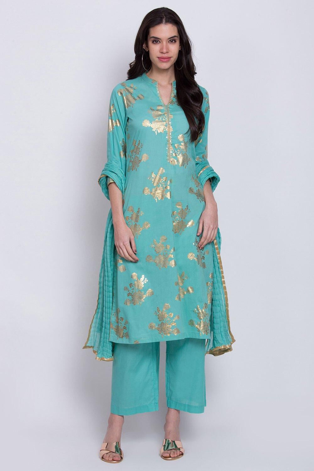 Teal Straight Kurta Palazzo Suit Set image number 0