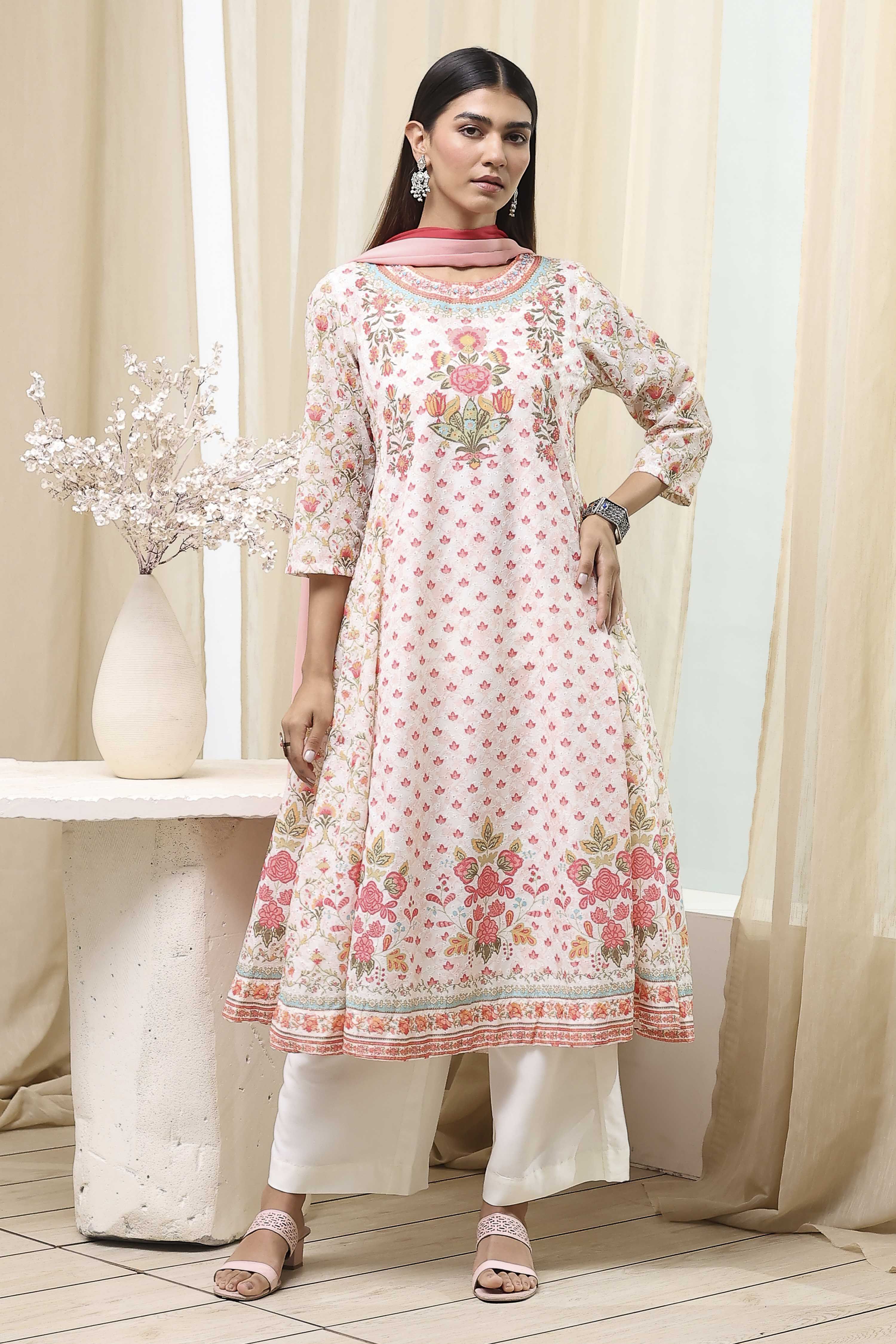 Off-White and Pink Cotton Floral Kalidar Suit Set image number 0