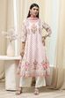 Off-White and Blue Cotton Floral Kalidar Suit Set image number 0