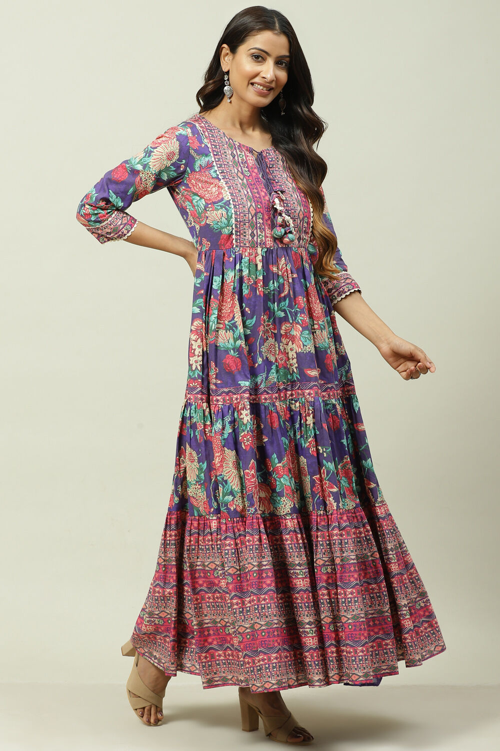 Purple Cotton Flared Fusion Dress image number 3