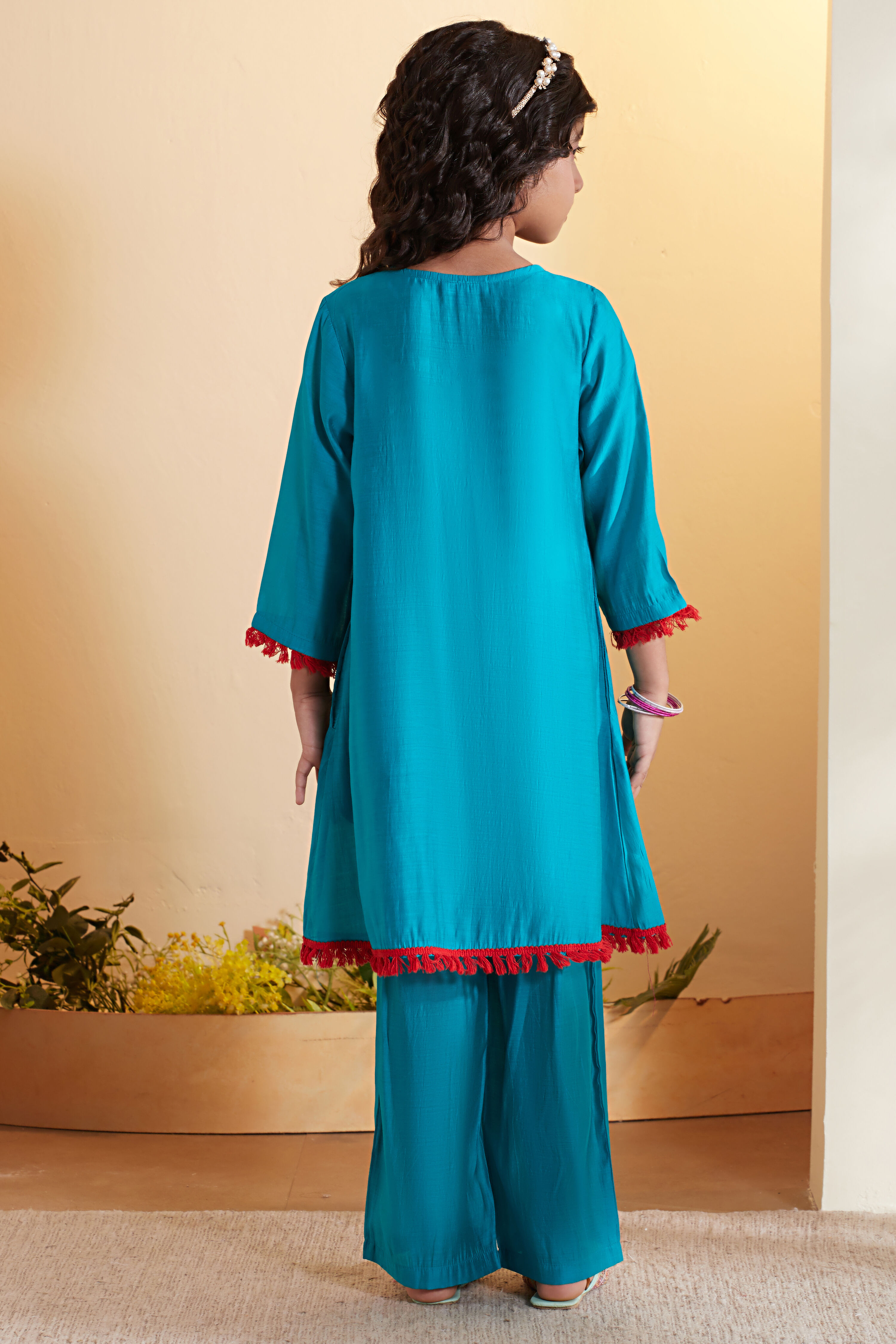 Teal Blue Pleated A-Line Kurta Set image number 7