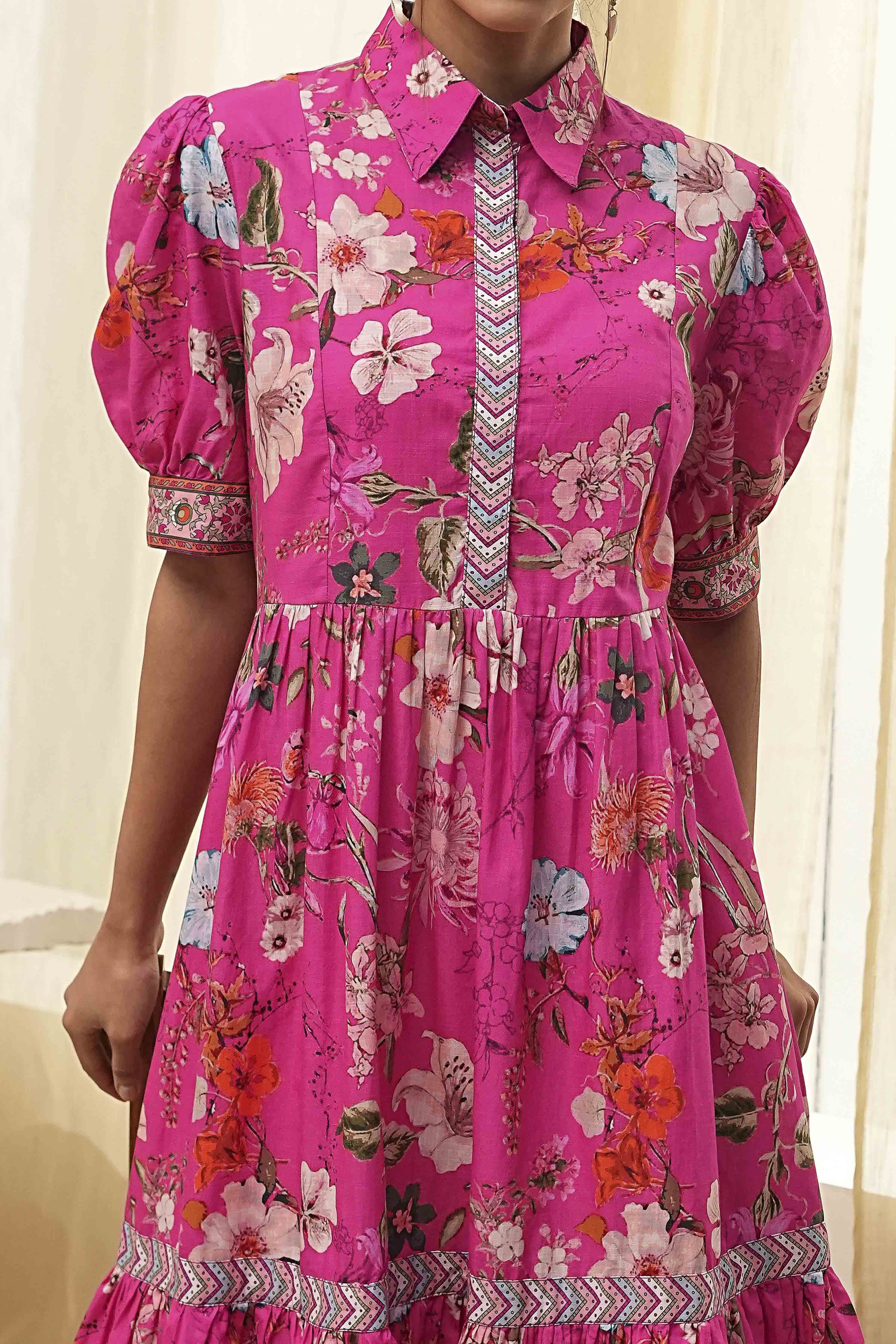 Pink Cotton Floral Printed Tiered Dress image number 1