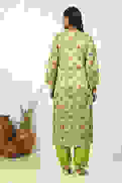 Green Cotton Hand Block Print Unstitched Suit Set image number 5