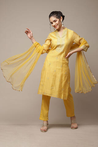 BIBA Polyester Blend Embroidery Salwar Kurta Dupatta in Yellow
