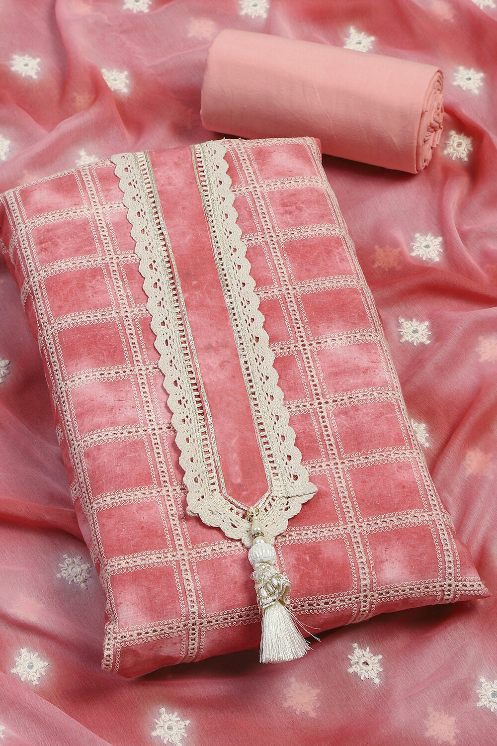 Pink Cotton Schiffly Unstitched Suit Set image number 1