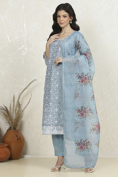 Blue Chanderi Machine Embroidered Unstitched Suit Set image number 4