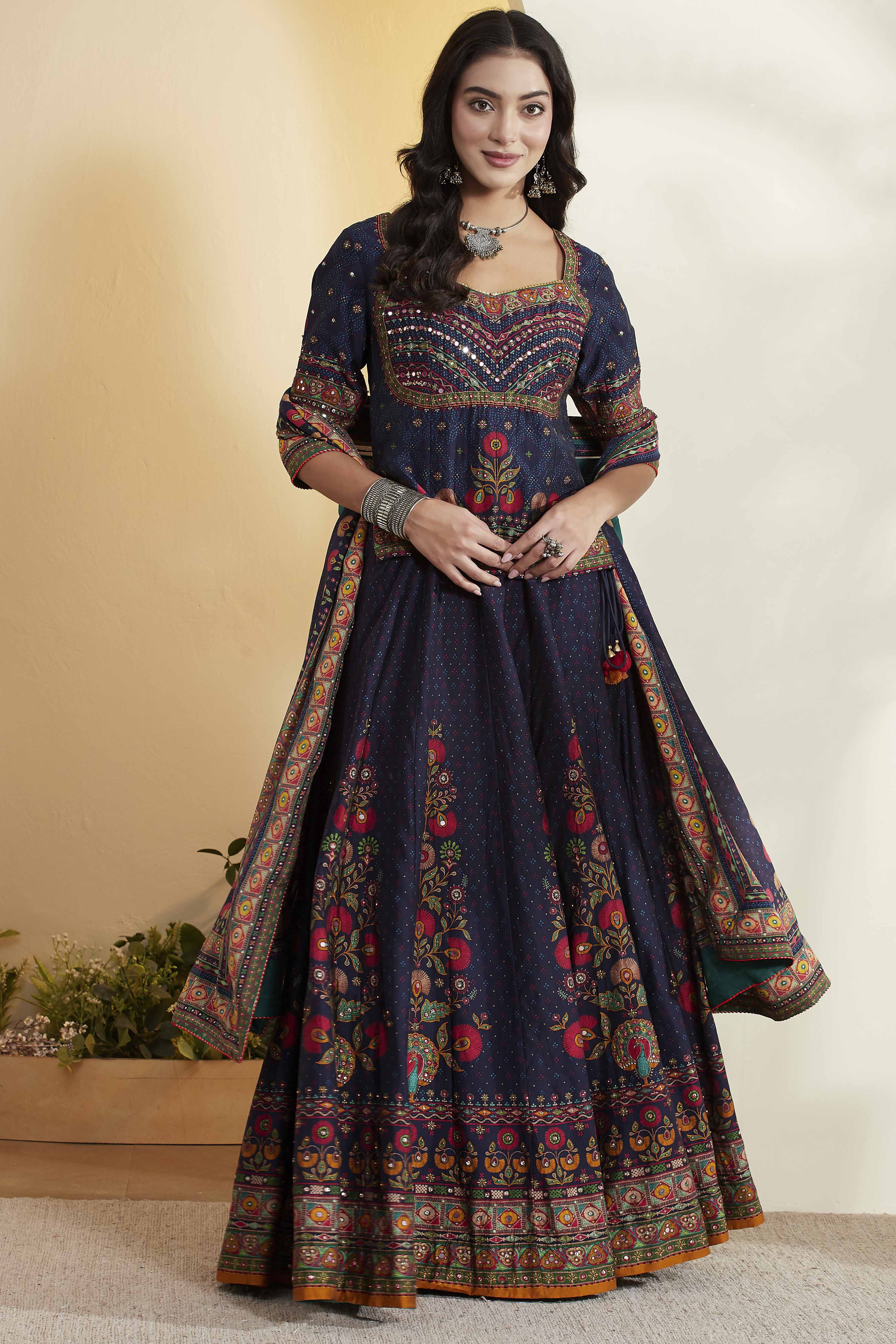 Blue Cotton Silk Straight Lehenga Set image number 7