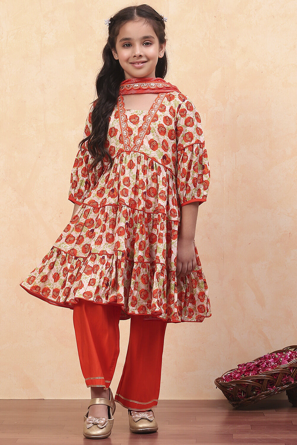 Orange Viscose Floral Printed Festive Tiered Suit Set image number 0