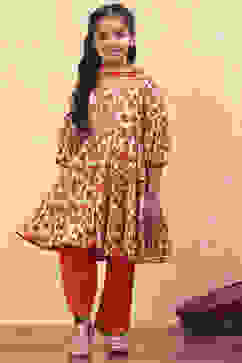 Orange Viscose Floral Printed Festive Tiered Suit Set image number 0