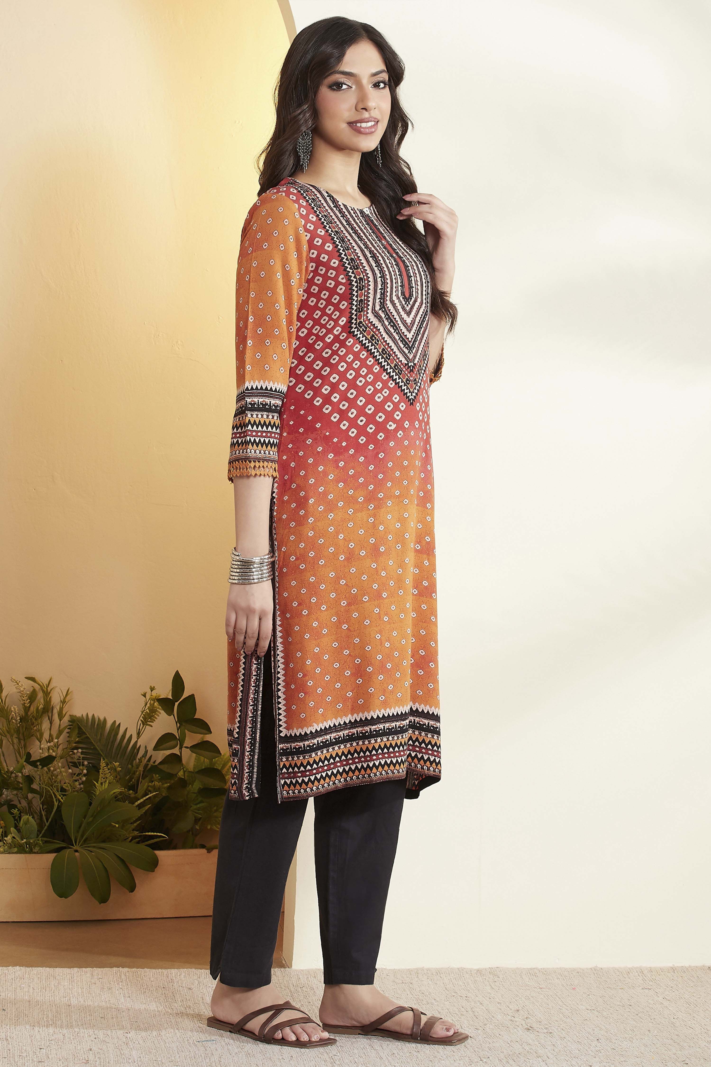 Rust Viscose Rayon Geometric Printed A-Line Kurta image number 4